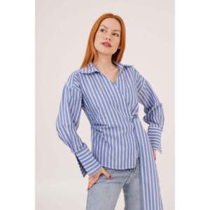 Camisa Azul a Rayas para Mujer con Detalle de Lazo Lateral, Blusas y Camisas al por Mayor - Product Image 2