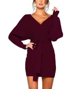 Femmes Sexy <span class=keywords><strong>Cocktail</strong></span> Batwing Manches Longues Dos Nu Mock Wrap Pull En Tricot Mini <span class=keywords><strong>Robe</strong></span> - Product Image 1