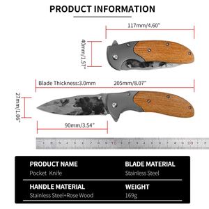 Couteau de camping tactique pliable en acier inoxydable imprimé en 3D sur mesure OEM avec lame tranchante et manche en bois - Product Image 2