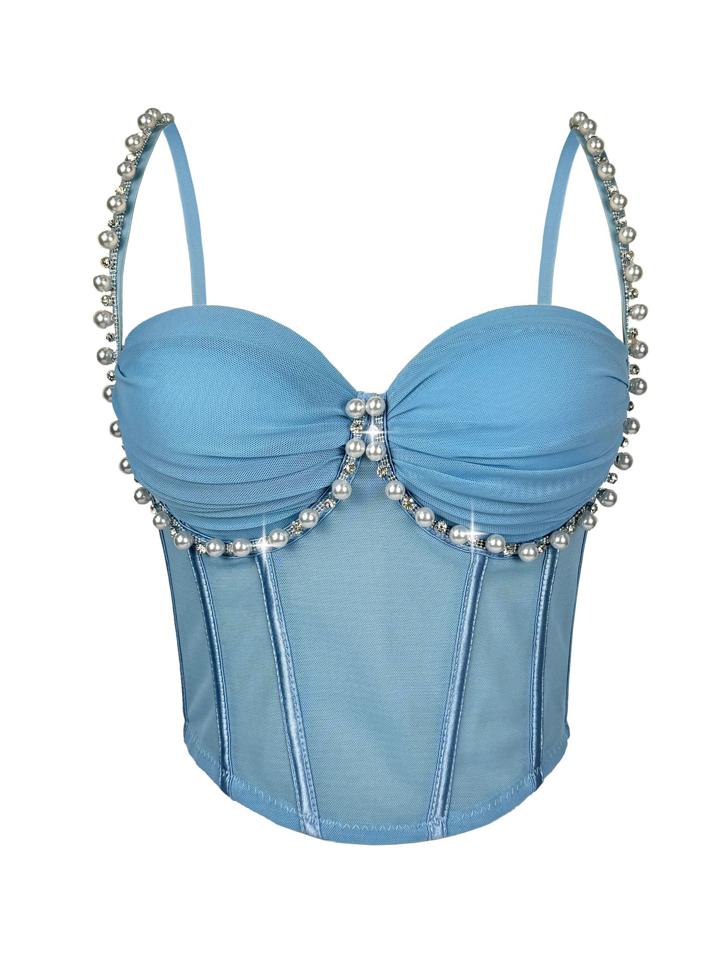 Fashion Camisoles Women Corset Top High Quality Rhinestone Pearl Strap Crop Tank Top Women Blouse Sexy Tulle Top Club Wear