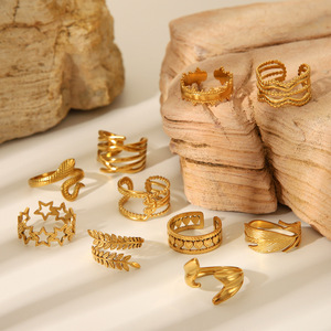 Anelli Aperti da <span class=keywords><strong>Donna</strong></span> in Acciaio Inossidabile Placcati Oro 18K All'Ingrosso con Design a Cuore, Stella, Foglia, <span class=keywords><strong>Serpente</strong></span> e Cavo - Product Image 2