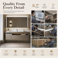 Kabinet Cermin LED Tiga Pintu Stainless Steel untuk Kamar Mandi dengan Jam Digital, Penghilang Embun, dan Finishing Kayu Oak, Dilengkapi Wastafel