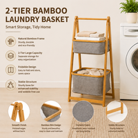Panier à linge pliable en bambou avec panier en tissu, 2 niveaux