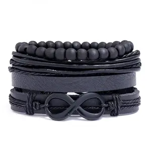 TZ416 Black Infinity Beaded Braided Leather Wrist Cuff Bracelet 4Pcs Punk Style Adjustable for Men Women for Gift Wedding Party