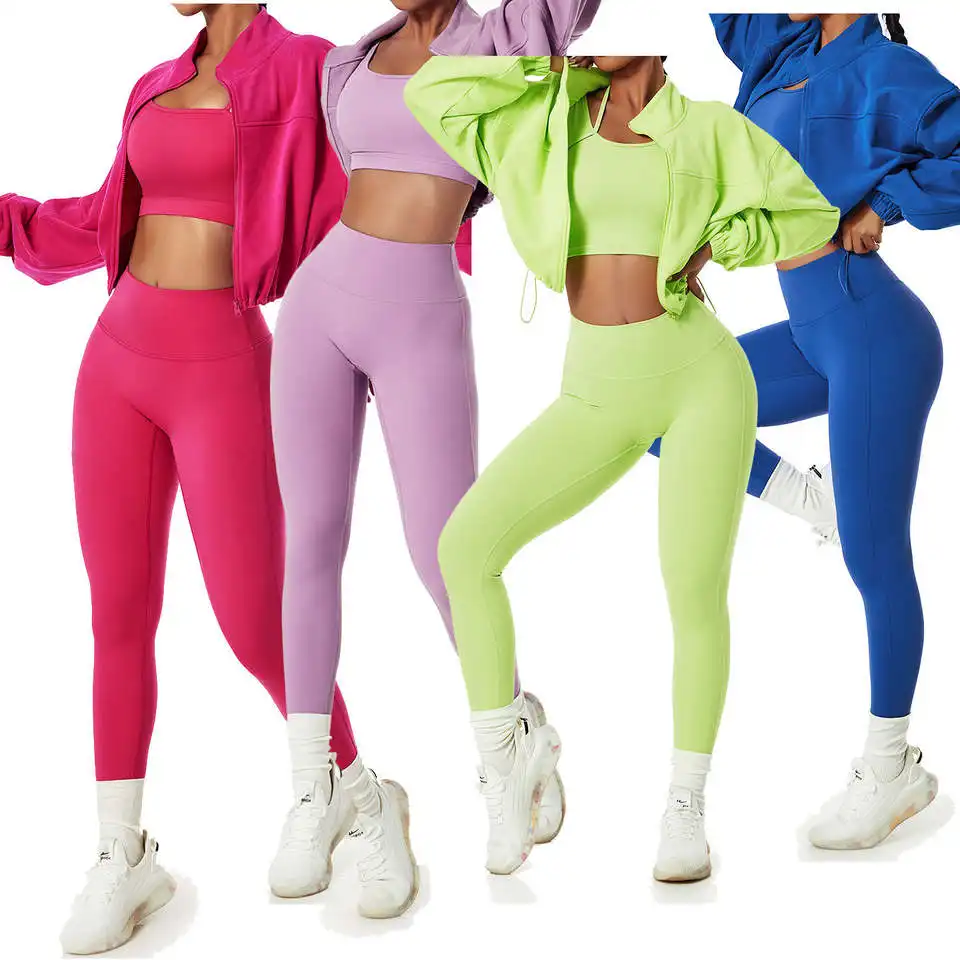 OEM New Fitness Gym Set felpe con cappuccio a maniche lunghe tute reggiseno Leggings 4 pezzi abbigliamento da allenamento donna Active Wear Outfit Yoga Set