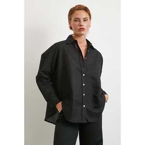 เสื้อเชิ้ตผ้าลินินโอเวอร์ไซส์สีดำสำหรับผู้หญิง สไตล์บอยเฟรนด์ กระดุมแบบไม่สมมาตร ใส่ได้ทุกวัน - Product Image 6