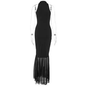 <span class=keywords><strong>Robe</strong></span> Longue Moulante et Évasée <span class=keywords><strong>Femme</strong></span> Sexy et Élégante Noire sans Manches d'Été avec Voile en Maille et Patchwork - Product Image 6