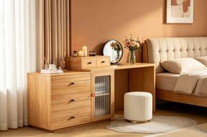 Scandinavian Solid Birch Makeup Vanity With <b>Storage</b> Cabinet And Mirror <b>For</b> Bedroom - Product Image 4