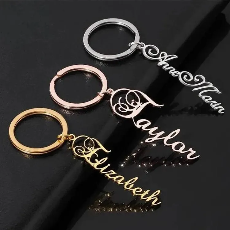 Customized Design Luxury Shine Metallic Logo Key Ring, Hollow Out Letter Key Chain Artistic Font Metal Keychain