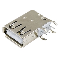 Connecteur USB 2.0 Type-A femelle à angle droit, hauteur 19,5 mm, corps allongé, bride de montage, 4 broches, montage vertical sur circuit imprimé