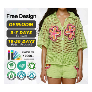 BSCI Certification Sweater Manufacturer Custom logo <b>Women</b> Vintage Cotton <b>Short</b> <b>Sleeve</b> Summer Knit <b>Cardigan</b> Sweater Crochet Shirt - Product Image 1