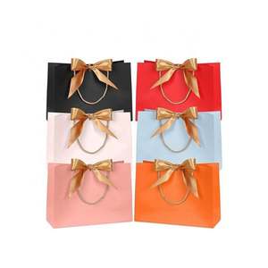 Waterproof <b>Art</b> Paper Bags Golden Bow Ribbon Offset Printing Recyclable Luxury for Baby Shower Wedding Birthday Holiday Cosmetic - Product Image 1