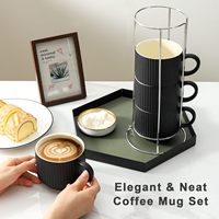 Ensemble de 4 tasses à café en céramique avec support, grandes tasses à latte empilables, compatibles lave-vaisselle et micro-ondes, pour cappuccino, thé, chocolat chaud