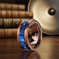 Bague en carbure de tungstène 8 mm couleur café - Incrustation étoile noire et feuille bleue, martelée, à facettes, ajustement confortable