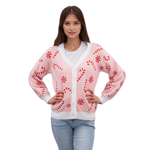 Maglione Natalizio da <span class=keywords><strong>Donna</strong></span> con Scollo a V Personalizzato, Motivo Bastoncino di Zucchero, <span class=keywords><strong>Cardigan</strong></span> Natalizio <span class=keywords><strong>Rosa</strong></span> per Adulti - Product Image 3