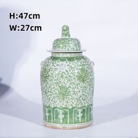 Pot à couvercle en porcelaine chinoise vintage vert et rouge sous glaçure, fait main, motif floral, pour la décoration intérieure