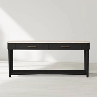 Table console en bois massif chêne avec plateau en marbre naturel aux coins arrondis doux et double tiroir