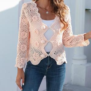 <span class=keywords><strong>Cardigan</strong></span> Lavorato all'Uncinetto da Donna per l'Inizio Primavera, Elegante e Aderente, Maglia Lunga Traforata, Maglione Casual Tinta Unita - Product Image 1