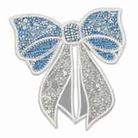 Applique 3D en jean bleu avec nœud, perles, perles de rocaille et paillettes, broderie à coudre pour la décoration de vêtements, robes, vestes et sacs