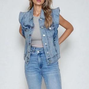 Chaleco de Verano para Mujer, Diseño OEM, Chaqueta sin Mangas a la Moda con Botones y Bolsillos Rectos, Camisa Vaquera - Product Image 3