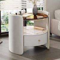 Moderner Atmosphärischer Cremefarbener Runder Nachttisch, Gehärtetes Glas, Minimalistisches Hochwertiges Design, Geeignet für Schlafzimmer oder Hotel