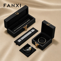 Coffret à bijoux de luxe en cuir, étui cadeau doublé de velours pour bague, collier, bracelet, montre, organisateur noir grain litchi avec fermoir