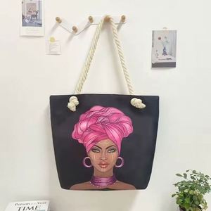 Bolso de compras de lona estampado de gran capacidad para mujer, diseño creativo de playa, bandolera, plegable, con asa de cuerda gruesa - Product Image 1