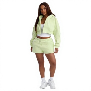 Custom Logo 2-Piece <b>Set</b> Plus Size Women Comfortable Spring/Summer Fleece Anti-Pilling 100% Cotton Hoodie Shorts Solid Pattern - Product Image 1