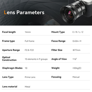 7ช่างฝีมือ14มม. F2.8เลนส์โฟกัสแบบแมนนวลมุมกว้างพิเศษสำหรับ SONY E A7C <span class=keywords><strong>II</strong></span> สำหรับ Canon R สำหรับ <span class=keywords><strong>Nikon</strong></span> Z Z5 <span class=keywords><strong>Z7</strong></span> <span class=keywords><strong>II</strong></span> L MOUNT - Product Image 6