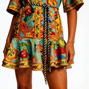 เดรสทรงเอลายดอกไม้ คอวี แขนทรงโคม สไตล์เกาหลี ช่วงเอวเข้ารูป ทรงสวยเพรียว ยาวคลุมเข่า สำหรับฤดูใบไม้ผลิ/ฤดูร้อน สไตล์วัง - Product Image 5