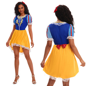 Costume de cosplay Blanche-Neige, robe bleue et jaune avec nœud rouge pour femme, idéal pour les spectacles et jeux de rôle 2025 - Product Image 1