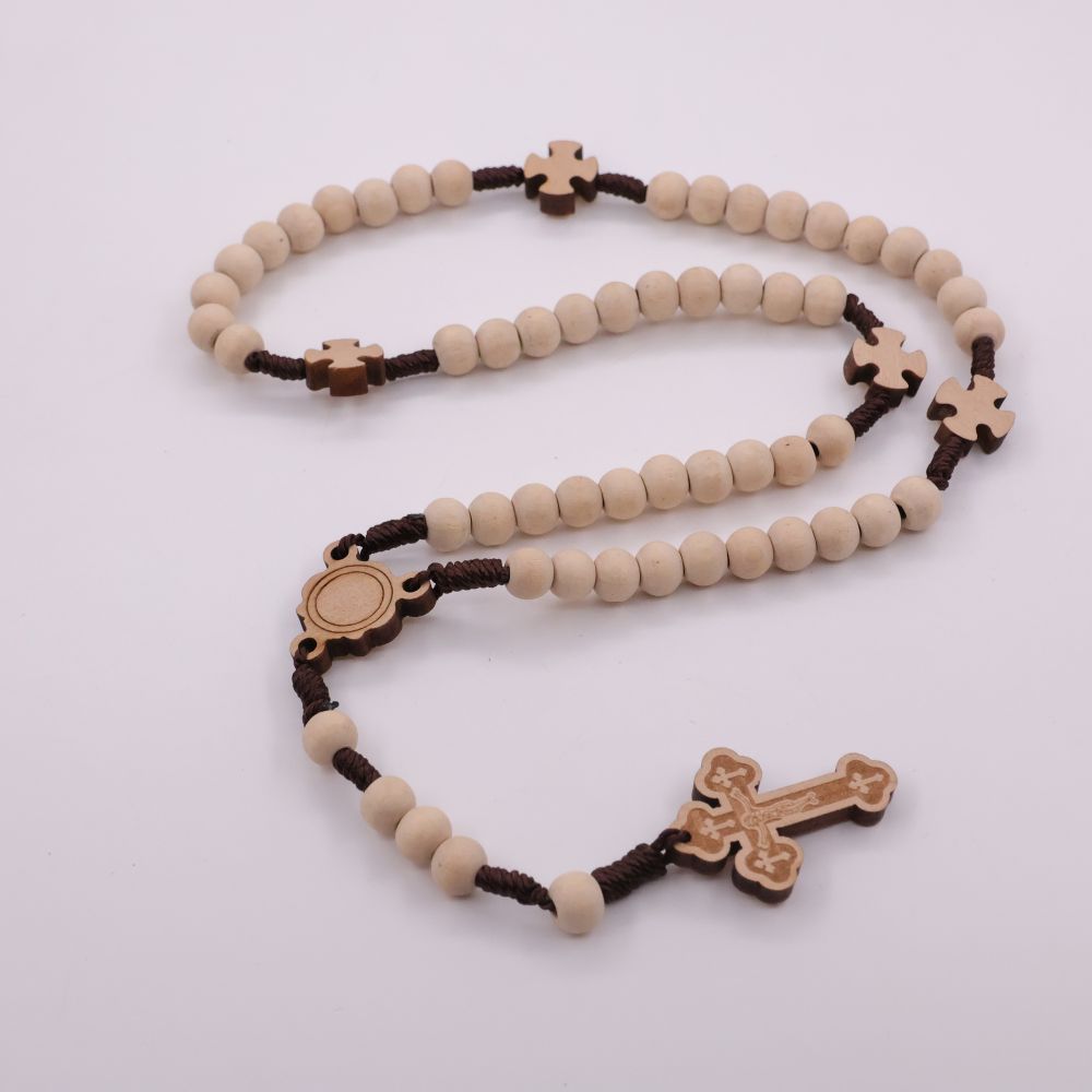 Lamala Rosario In Legno Con Perline – Collana A Croce Religiosa – Regalo Per Compleanno, Battesimo E Cresima