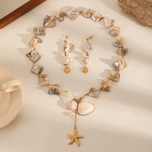 Ocean Style Shell Necklace Earrings <b>Set</b> Women Fashion Vacation Jewelry Gold Tone Star Pendant Natural Shell <b>Beads</b> - Product Image 1
