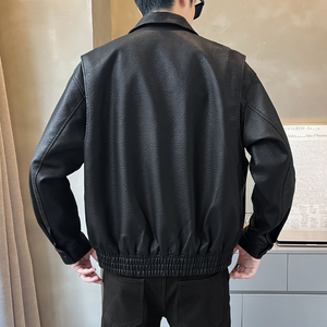 <b>Men</b>’s Fashion PU Leather Bomber Coat Turn-Down Collar Zip-Up <b>Utility</b> Pocket Casual <b>Jacket</b> - Product Image 3