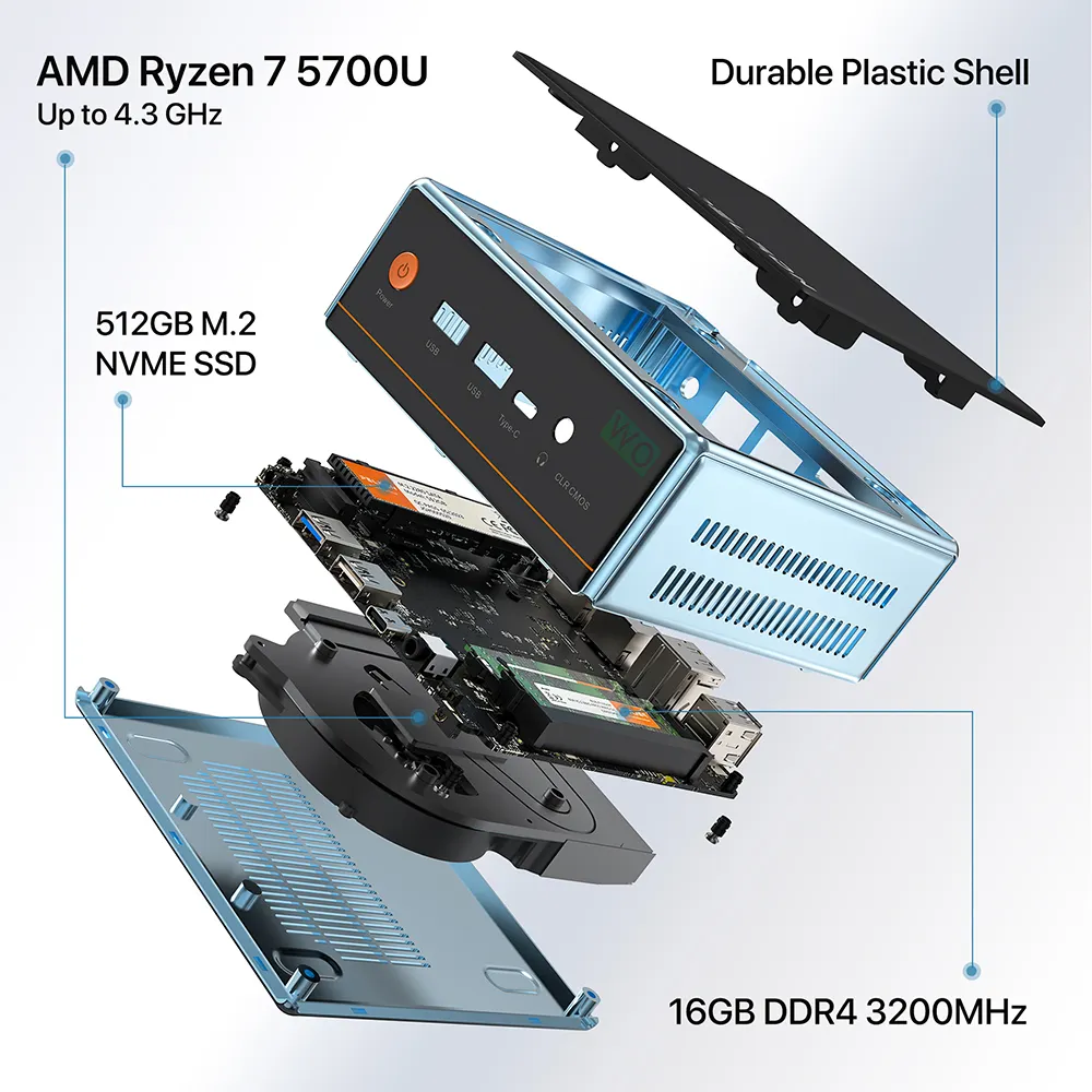 2024 nuovo AMD Ryzen 7 5700U 6.0 Wifi BT5.2 Dual Lan Mini PC DDR4 16GB 512GB SSD Mini PC per Windows 11 Pro/Linux