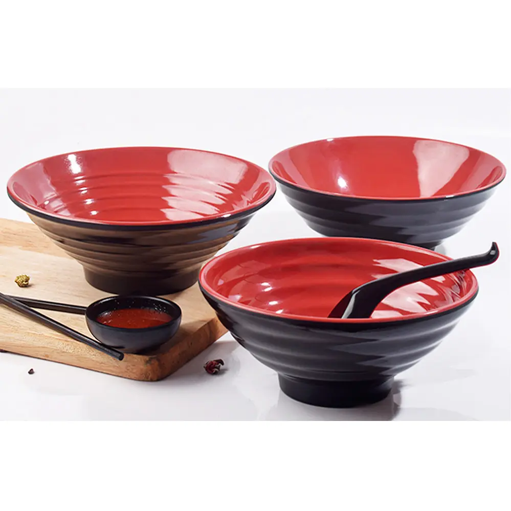 Tazón de melamina para sopa y fideos, Bol de melamina de estilo asiático, rojo y negro, de 37Oz