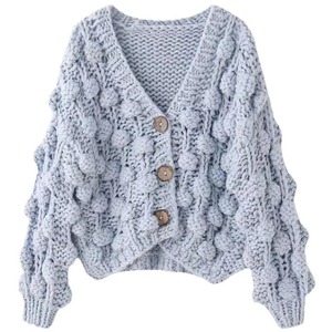 Women's Crochet <b>Cardigan</b> <b>Sweater</b> Solid Color Cotton Knitted Casual Short Fit With Pom Poms And Buttons - Product Image 1
