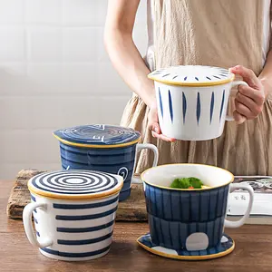 Cuenco de cerámica pintado a mano, tazón de fideos instantáneos japoneses, taza de sopa, ramen creativa, cuenco de fideos instantáneos de estilo nórdico de 6 pulgadas