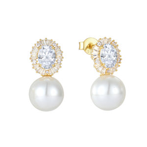 YILUN Regal Elegance Boucles d'oreilles pendantes en perles plaquées or en argent sterling 925 CZ <span class=keywords><strong>Halo</strong></span> Boucles d'oreilles de mariée en perles de luxe pour femmes - Product Image 1