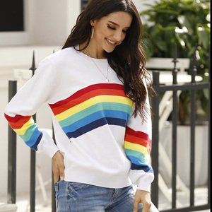 Custom Ladies Knitted Sweaters Long Sleeve <strong>Rainbow</strong> <strong>Tops</strong> Winter Stripe Patchwork Pullover Sweater for Women - Product Image 2