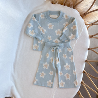 Ensemble de tricot jacquard à marguerite bleue pour filles pull à manches longues et col rond avec cordon de serrage et pantalon à jambes larges
