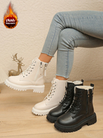 Bottes d'hiver chaudes doublées en fourrure pour femmes, semelle plateforme épaisse, lacets, fermeture éclair latérale, bottes de combat noires et beiges