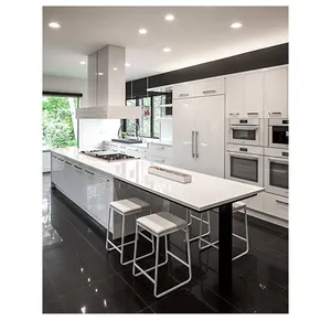 Modern design white lacquer glossy modular design kitchen cabinets with counter tops overhang