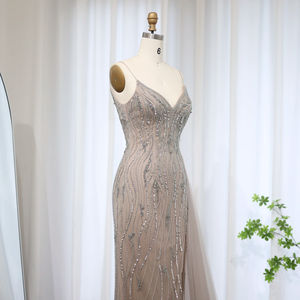 Champagne <b>Spaghetti</b> <b>Strap</b> Straight Evening <b>Dress</b> Overskirt Side Slit Floor-Length Party <b>Dresses</b> for Women Wedding 3D Pleat - Product Image 3