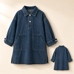 Abito in denim da <span class=keywords><strong>bambina</strong></span> 2026 a maniche lunghe con colletto polo, vestibilità ampia, bottoni frontali, tasche, in denim lavato, casual autunnale per bambini - Product Image 2