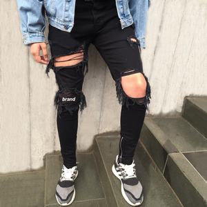 Custom <b>Printed</b> Logo Knee Patched Denim <b>Jeans</b> Manufacturers <b>Men</b> Skinny Stretch Destroyed <b>Jeans</b> Pants - Product Image 2