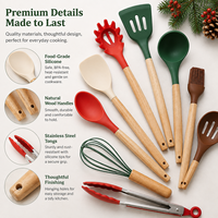 Ensemble d'ustensiles de cuisine en silicone de Noël en gros avec manches en bois - Ustensiles de cuisson avec support de rangement