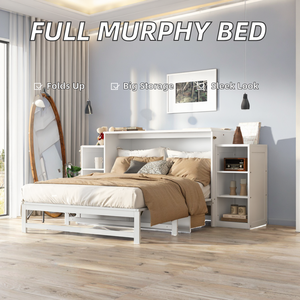 <span class=keywords><strong>Lit</strong></span> Murphy moderne en pin pleine grandeur avec tiroirs de rangement spacieux et étagères pliables <span class=keywords><strong>pour</strong></span> chambres d'amis ou chambres compactes, blanc - Product Image 2