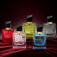 Flacon de parfum de luxe personnalisé, base épaisse en verre, vaporisateur fin, design carré coloré, emballage OEM