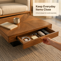 Table basse carrée moderne en bois massif avec plateau en chevron, base en bois massif, table basse pour salon, maison